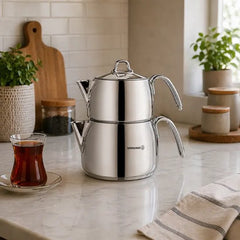Korkmaz Perla Maxi  A028 - Turkse Theepot RVS – 3-delig – 1,2L + 2,0L – Inductie