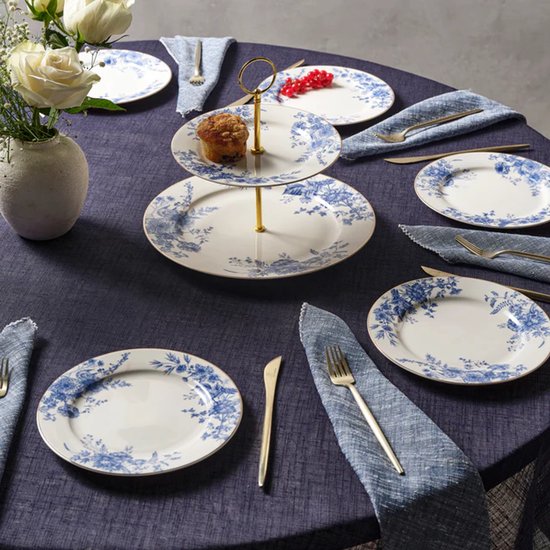 Karaca Delft - New Bone Serveerset – 8-delig – 6 Personen – Etagère & Dessertborden – Blauw