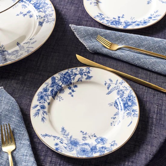 Karaca Delft - New Bone Serveerset – 8-delig – 6 Personen – Etagère & Dessertborden – Blauw