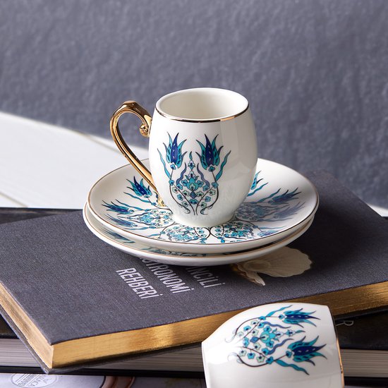Karaca Iznik Turkse Koffieset – 12-delig – 6 Personen – Porseleinen Koffiekopjes met Schotels – Espresso & Mokka Set