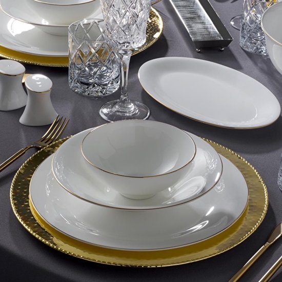 Jumbo Golda - Serviesset 61-delig – 12 Personen – Wit/Goud – Luxe New Bone Dinerservies met Soepterrine, Ovalen Schalen en Kommen