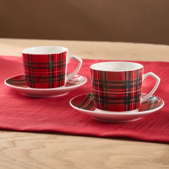 Karaca Ekose V2 - Espresso & Turkse Koffiekopjes met Schotels – 4-delig – 2 Personen – 80 ml