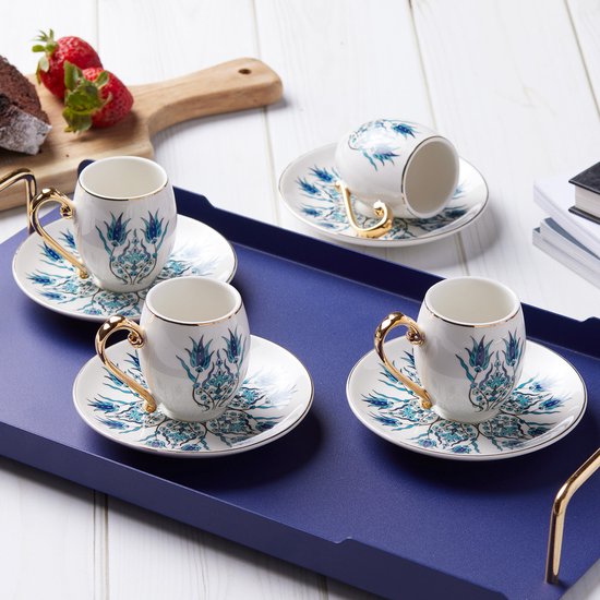 Karaca Iznik Turkse Koffieset – 12-delig – 6 Personen – Porseleinen Koffiekopjes met Schotels – Espresso & Mokka Set