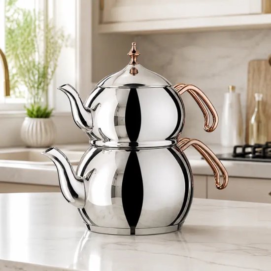 Korkmaz Hanedan A222 -  RVS Rosegold Turkse Theepot - 1,1L + 2L