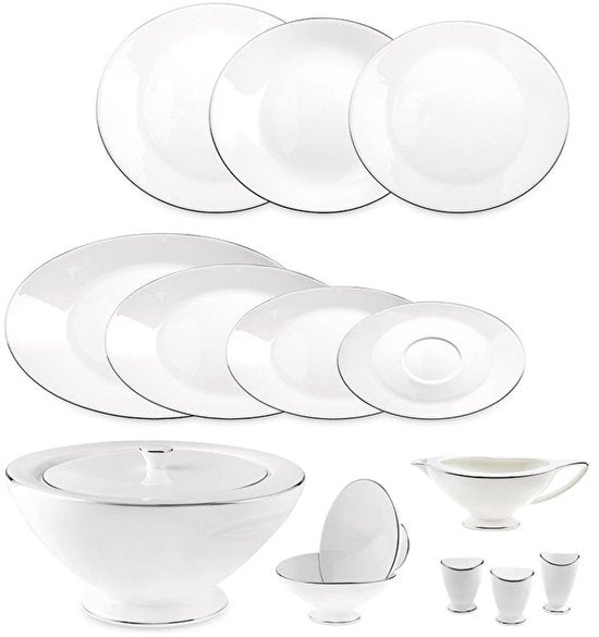 Jumbo Moon Platin - Serviesset 64-delig – 12 Personen – Wit/Zilver – Luxe New Bone Dinerservies met Schalen en Soepterrine