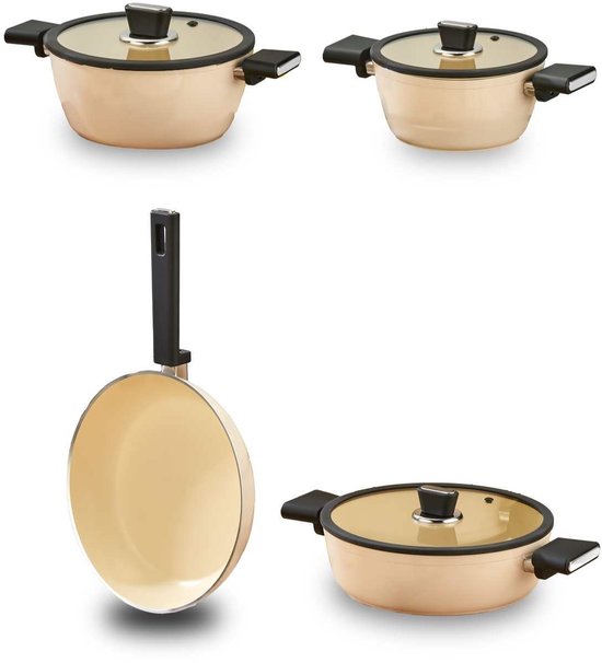 Polochef VSK-107 - Vista Seramische Pannenset 7-Delig – Beige / Crème – Inclusief Koekenpan & Deksels – Anti-aanbak – Inductie Geschikt