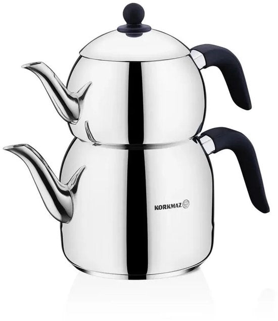 Korkmaz Retro A194 - Turkse Theepot RVS – 1,2L + 2,5L – Geschikt voor Inductie