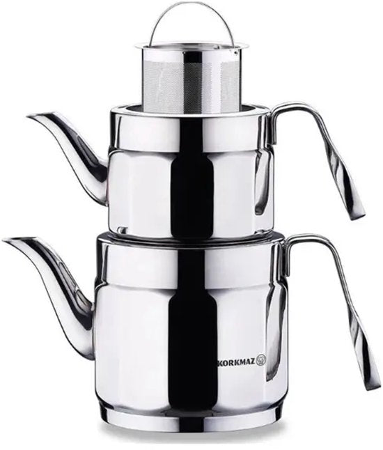 Korkmaz Nostaljia Maxi – Turkse Theepotset – 1,2 L + 2,2 L – 18/10 RVS – Zilver