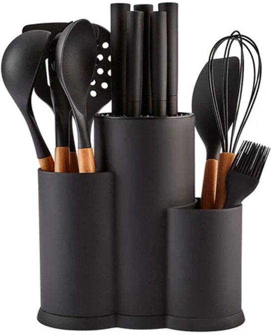Karaca Burby Wood - Messenblok & Keukengerei Set – 14-delig – Hout/Zwart