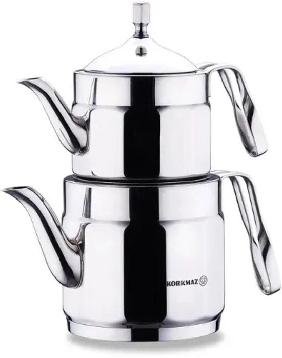 Korkmaz Nostaljia Maxi – Turkse Theepotset – 1,2 L + 2,2 L – 18/10 RVS – Zilver