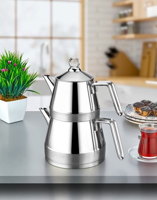 Polochef VAC-103 Venedik Grote RVS Theepot – 18/10 Roestvrij Staal – 2 Delig – Zilver