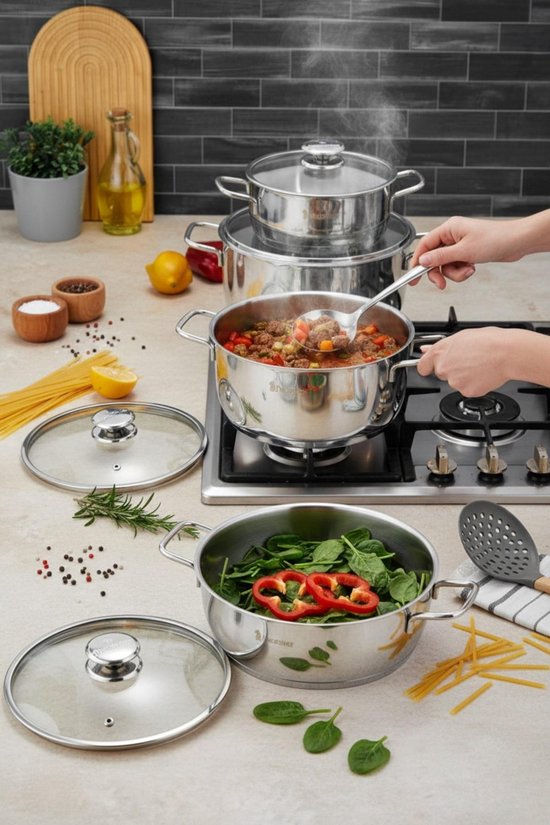 Polochef VTS-100 - Vistal RVS Pannenset 8-Delig – 18/10 Roestvrij Staal – Inclusief Lage Pan – Inductie Geschikt – Zilver