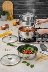 Polochef VTS-100 - Vistal RVS Pannenset 8-Delig – 18/10 Roestvrij Staal – Inclusief Lage Pan – Inductie Geschikt – Zilver