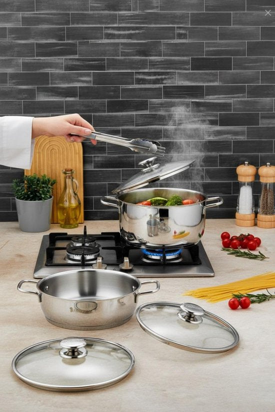 Polochef VTS-100 - Vistal RVS Pannenset 8-Delig – 18/10 Roestvrij Staal – Inclusief Lage Pan – Inductie Geschikt – Zilver