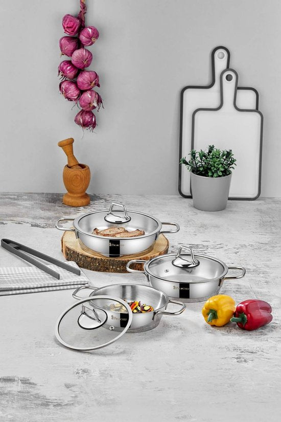 Polochef- POG-100 - 6-Delige RVS Sahan Set met Glazen Deksels – 16 / 18 / 20 cm – 18/10 Roestvrij Staal – Inductie Geschikt – Zilver