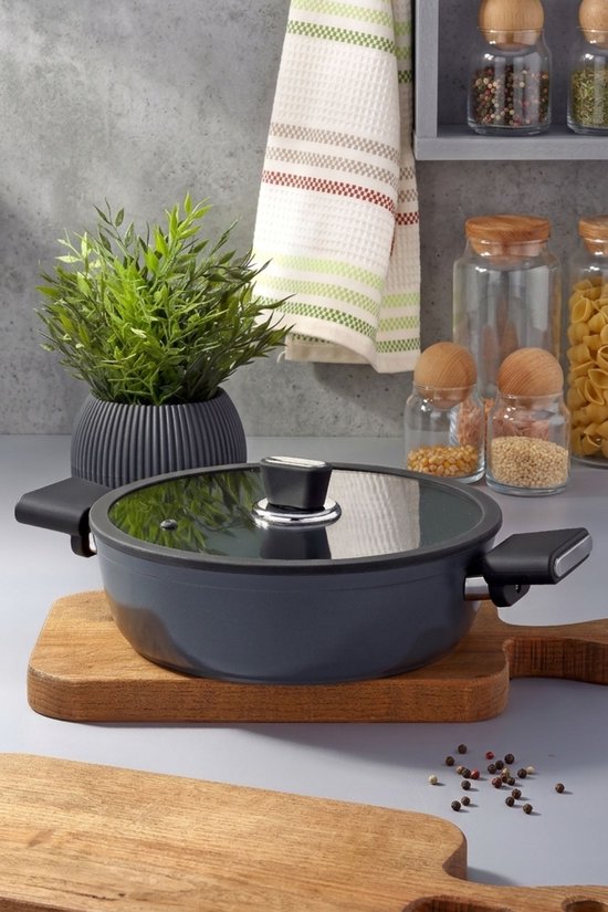 Polochef VSB-128 - Vista Lage Kookpan 28 cm – Keramische Kookpan – Extra Groot – Zwart – Met Glazen Deksel – Geschikt voor Gas, Elektrisch en Halogeen