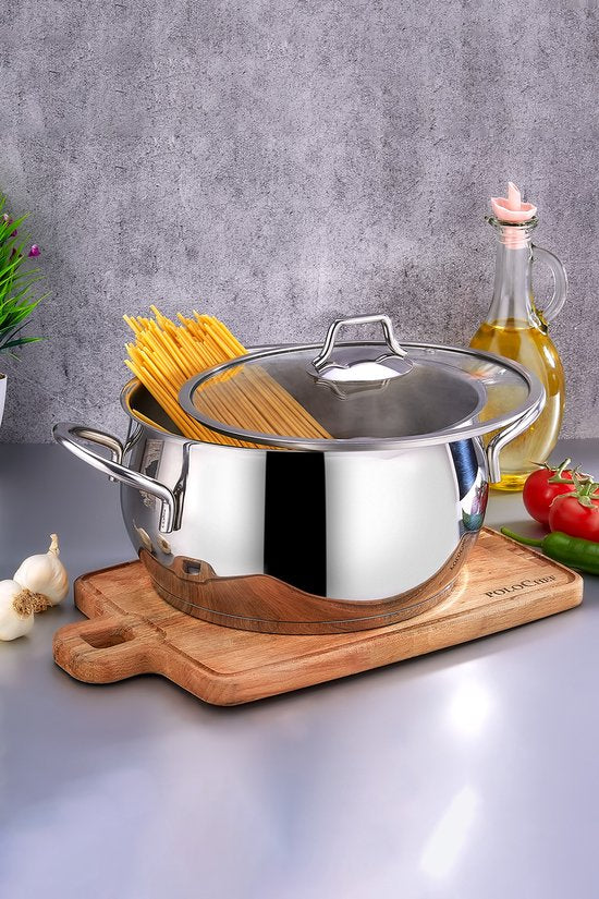 Polochef PRD-122 - Proline Diepe Braadpan 22 cm – 18/10 Roestvrij Staal – Kookpan met Glazen Deksel – Inductie Geschikt – Zilver