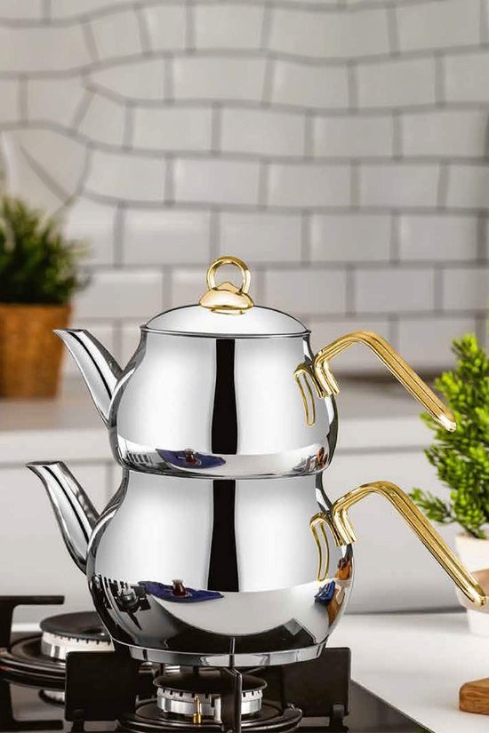 Polochef NCG-101 -Nostalji RVS Theepot met Gouden Handgrepen – 18/10 Roestvrij Staal – 2 Delig – Familie formaat
