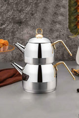 Polochef OPG-102 - Grote RVS Theepot met Gouden Handgrepen – 18/10 Roestvrij Staal – 2 Delig
