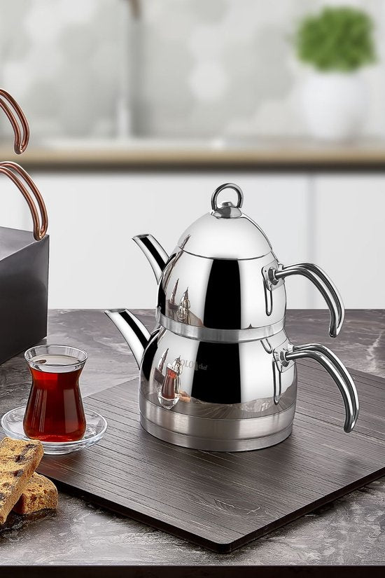 Polochef ZTC-103 - Zumrut Theepot – 18/10 RVS – Middelmaat – Zilveren Handgrepen – Inductie Geschikt – Turkse Theepot
