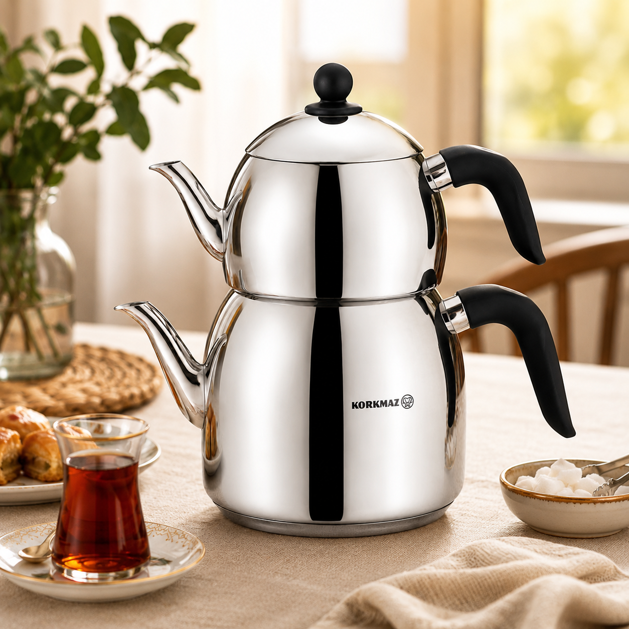 Korkmaz Retro A194 - Turkse Theepot RVS – 1,2L + 2,5L – Geschikt voor Inductie