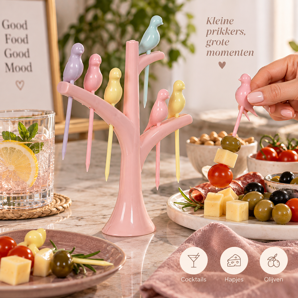 Suncook - Cocktailprikkers met Vogelhouder – 6 Stuks – Roze/Pastel
