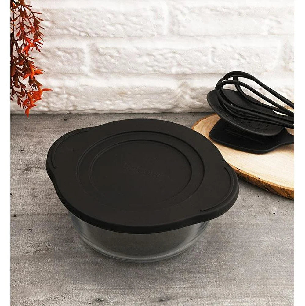 Pasabahce Borcam - Bake & Keep – Ronde Glazen Ovenschaal met Zwarte Deksel – 1,45 Liter – Hittebestendig Glas