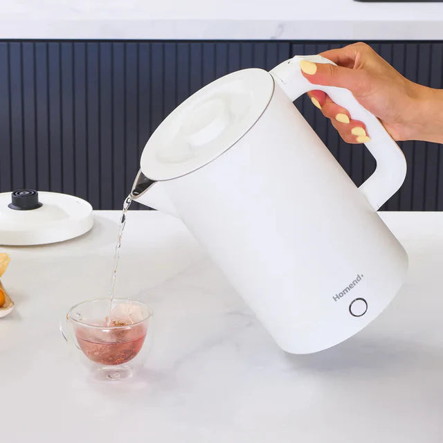 Homend Heatrow Cooltouch - Waterkoker 1.7L – 2200W – Dubbelwandig – Cool Touch – Stil Koken – RVS – Wit
