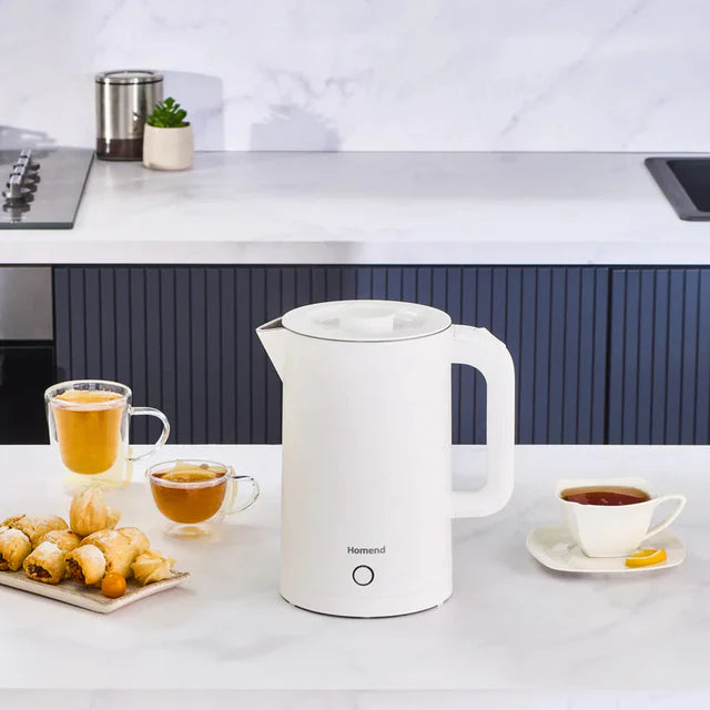 Homend Heatrow Cooltouch - Waterkoker 1.7L – 2200W – Dubbelwandig – Cool Touch – Stil Koken – RVS – Wit