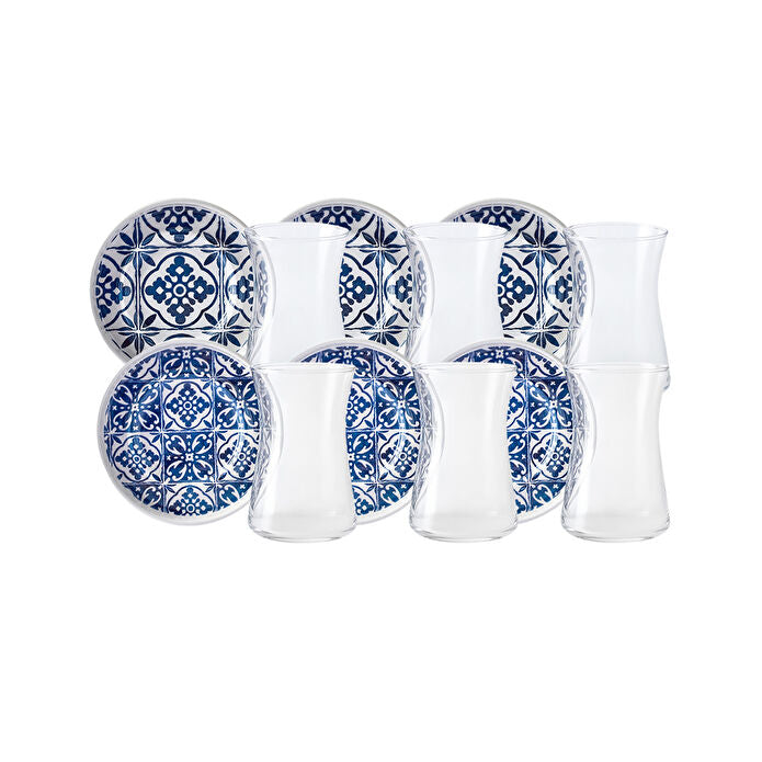 Karaca Mavili Blauw - Theeglazen set met Onderzetters - Set van 6 - Porselein - 170 ml