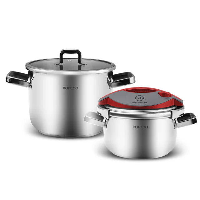 Karaca Orbit - Snelkookpannenset – 6 + 8 Liter – Rood – RVS 18/10 – Pannenset - Veilig & Energiezuinig
