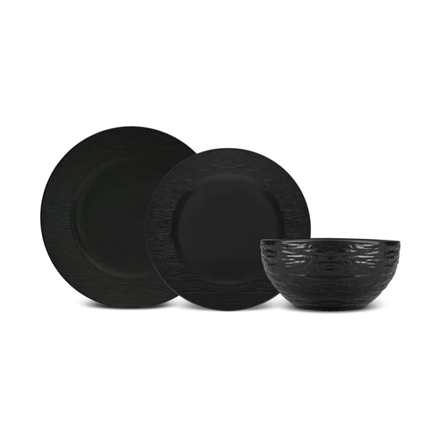 Karaca Solem Embossed. 18-delig servies van steengoed. zwart. elegant servies met borden en kommen. ideaal voor 6 personen