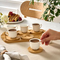 Karaca Koffiekopjes Set 6 Personen – 90 ml – Met Bamboe Dienblad – Porselein – Koffieset Compleet