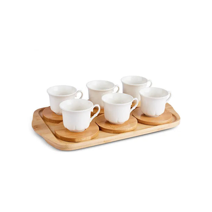 Karaca Koffiekopjes Set 6 Personen – 90 ml – Met Bamboe Dienblad – Porselein – Koffieset Compleet