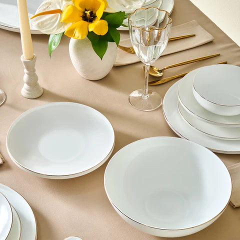 Karaca Meridian - 55-Delig Servies – 12 Persoons – Fine Bone Serviesset – Goud – Dinerborden Dessertborden Kommen