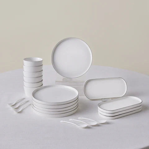 Karaca Forever Bomo - New Bone Ontbijtset 22-delig - 6 Personen - Wit met Platina Rand - Borden. Kommen en Schalen
