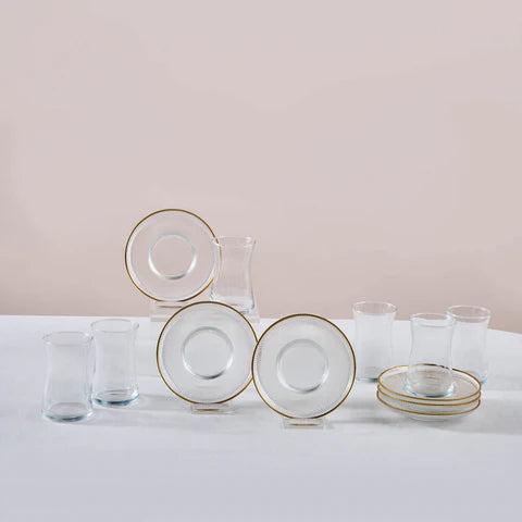 Karaca Juliet - Turkse Theeglazenset– 12 Delig – 6 Personen – 170 ml – Goud – Luxe Theeglazenset met Schotels