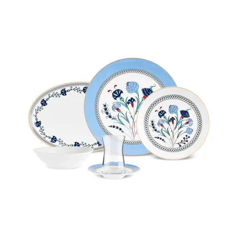 Karaca Blue Clove Bone - Ontbijtservies – 26-delig – 6 Personen – Blauw/Wit - Serviesset