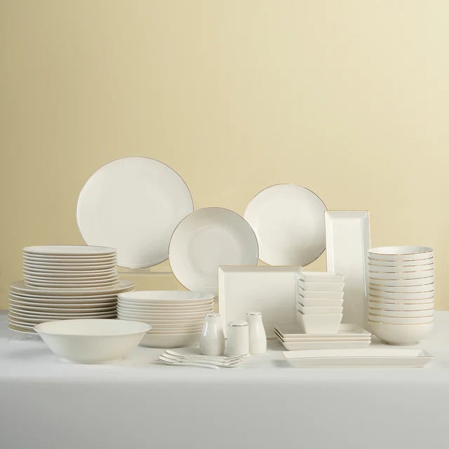 Karaca Donatella - 70-Delige Serviesset voor 12 Personen – Wit/Goud – Luxe New Bone Dinerservies met Soepterrine en Serveerschalen