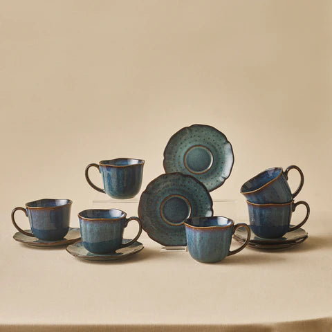 Karaca Bryggen 12-delige Theekop en Schotel Set voor 6 Personen – 250 ml – Reactive Glaze – Keramiek – Multicolor – Vaatwasserbestendig