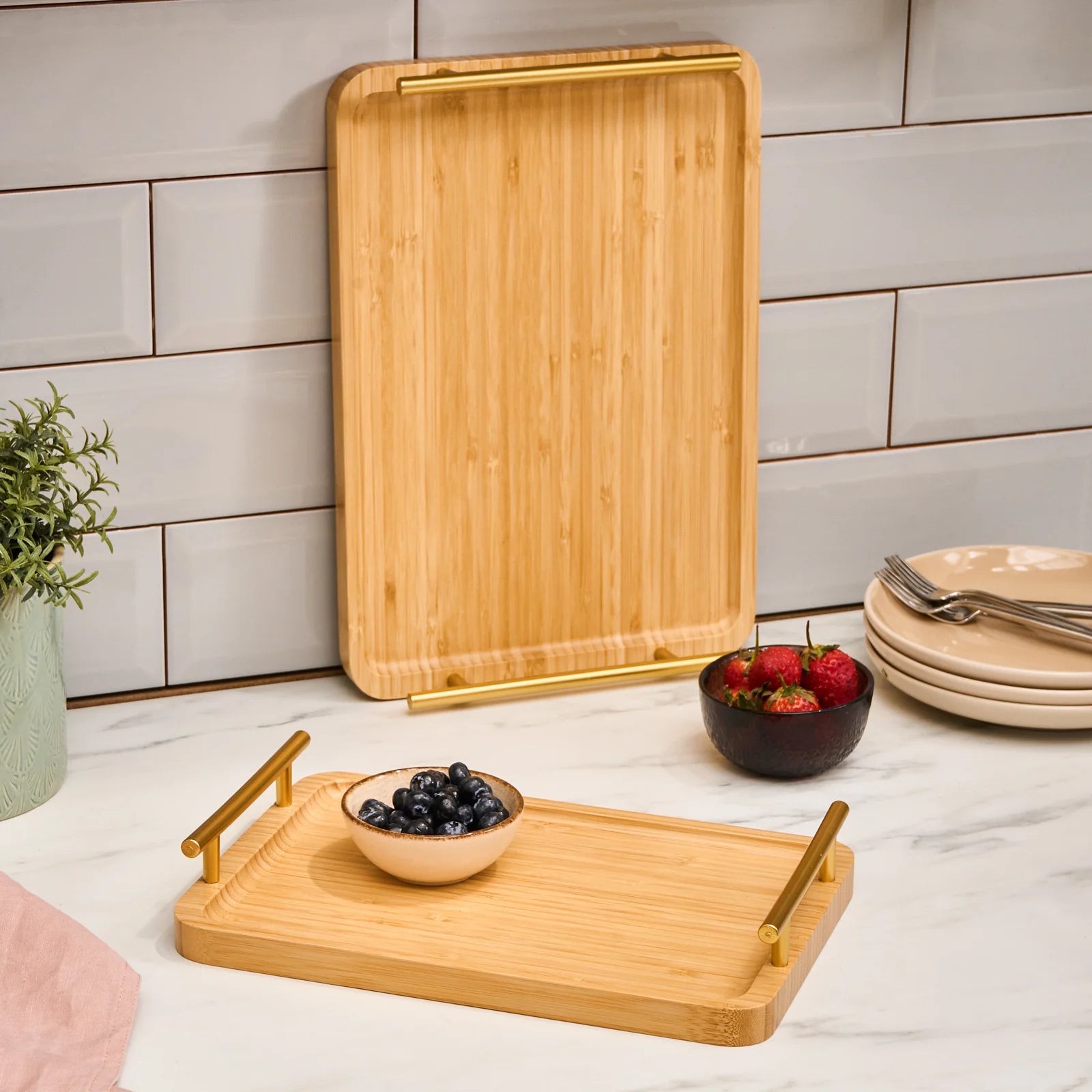 Karaca Duatroy Bamboe Dienblad Set – 2-delig – Groot & Klein – 36x25 cm & 30x20 cm – Houten Serveerbladen