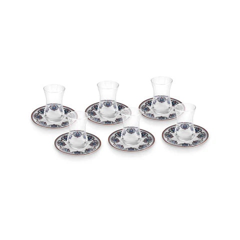 Karaca Nakkas - 12-delige Turkse Theeset voor 6 Personen – 130 ml – New Bone – Rood – Luxe Theeglazen met Schotels