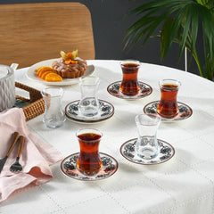 Karaca Nakkas - 12-delige Turkse Theeset voor 6 Personen – 130 ml – New Bone – Rood – Luxe Theeglazen met Schotels