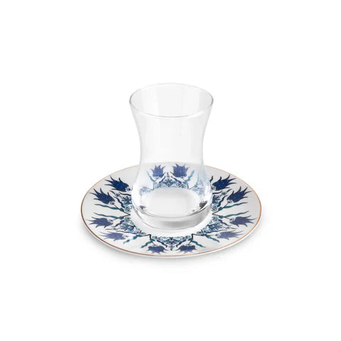 Karaca Iznik - 12-delige Turkse Theeset voor 6 Personen – 130 ml – New Bone Schotels – Blauw – Traditioneel Design – Vaatwasserbestendig