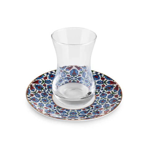 Karaca Emirgan - 12-delige Turkse Theeset voor 6 Personen – 130 ml – New Bone Schotels – Multicolor – Luxe Theeglazen Set