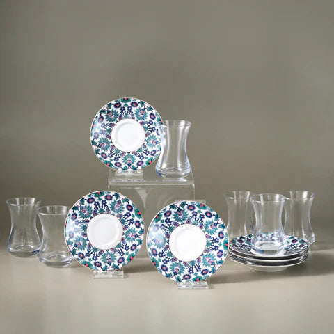 Karaca Edirne - 12-delige Turkse Theeset voor 6 Personen – 130 ml – New Bone Schotels – Multicolor – Traditioneel Design – Vaatwasserbestendig