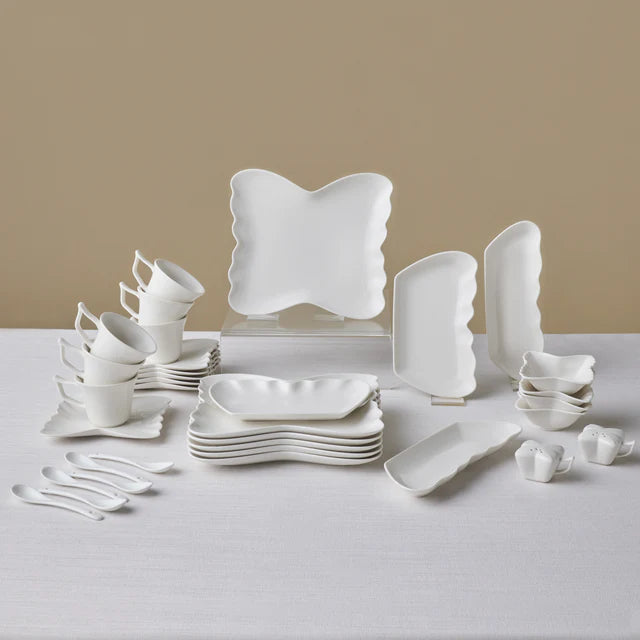 Karaca Stream Pieris - New Bone Ontbijt/Serveerset 34-delig - 6 Personen - Wit - Theekopjes. Schalen en Serveerschalen