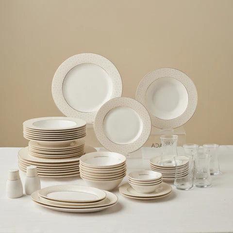 Karaca Elegance Alessa - Service de table et vaisselle de 60 pièces pour 8 personnes – Blanc/Or – Vaisselle de luxe New Bone