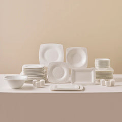 Karaca Fine Pearl Helen - Serviesset 58-delig – 12 Personen – Vierkant – Parelmoer Dinerservies – Luxe Wit Servies