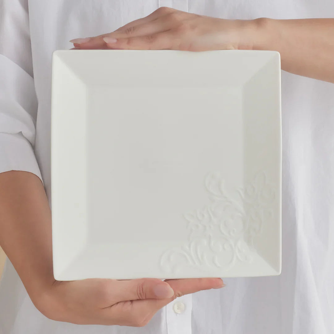 Karaca Trend Emboss 32-delige Ontbijtset – Vierkant – Servies voor 6 Personen – Wit Reliëf Design